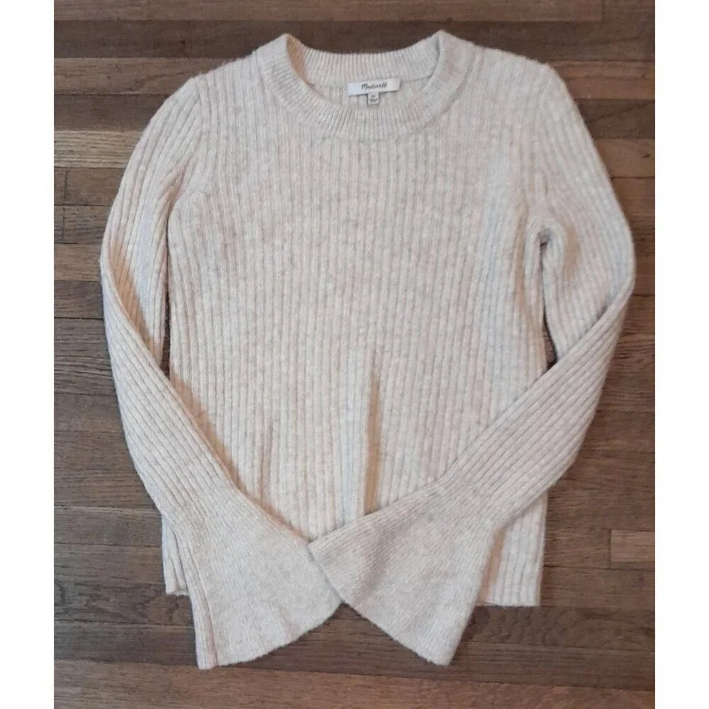 Madewell Wool Blend Flared Sleeve Lightweight Fall School Sweater Sz XS Oatmeal